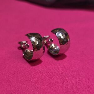 Clip On Silvertone Hammered Hoop Earrings